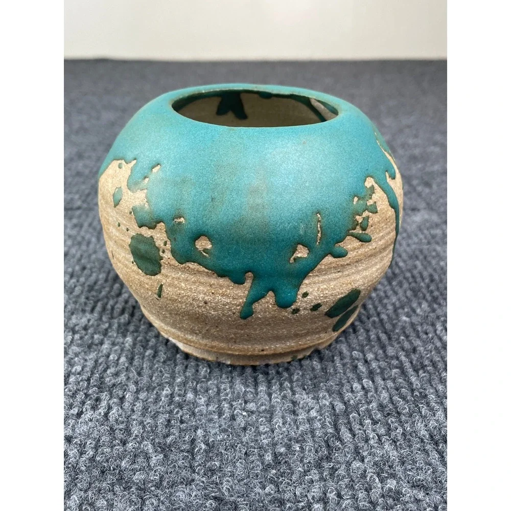 WEX H. Studio Pottery Bud Vase Teal Drip Glaze Tan Stoneware Signed Artisan 4
